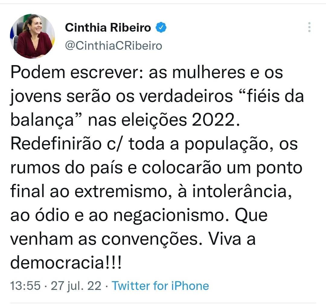 Publicação de Cinthia Ribeiro 
