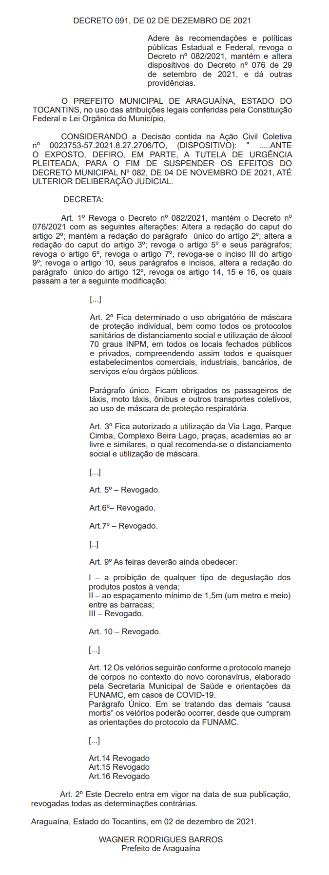 Decreto da Prefeitura de Araguaína 