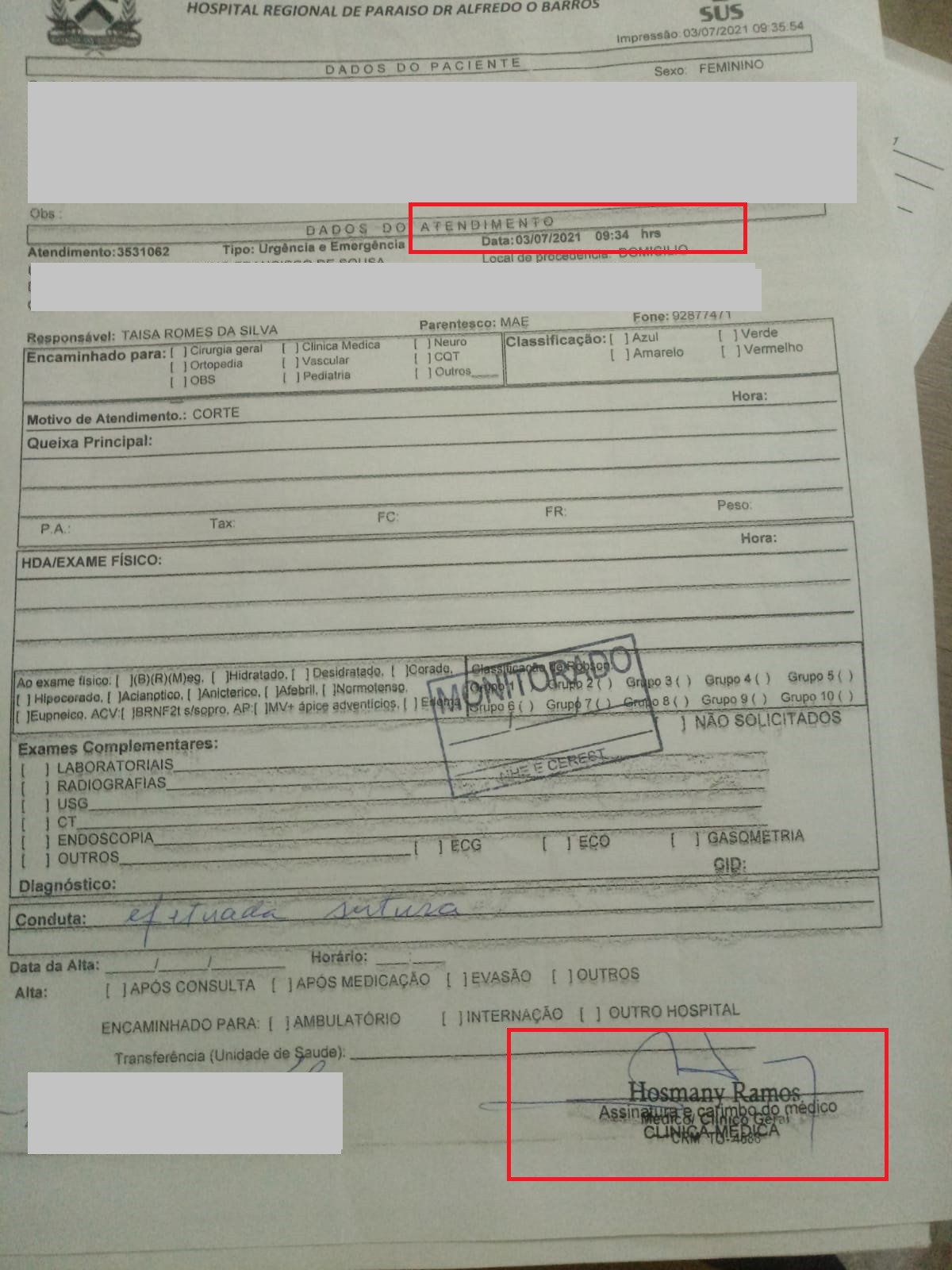 Assinatura do médico Hosmany Ramos na ficha de atendimento de uma criança