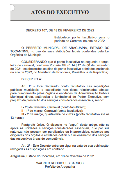 Decreto do prefeito Wagner Rodrigues 