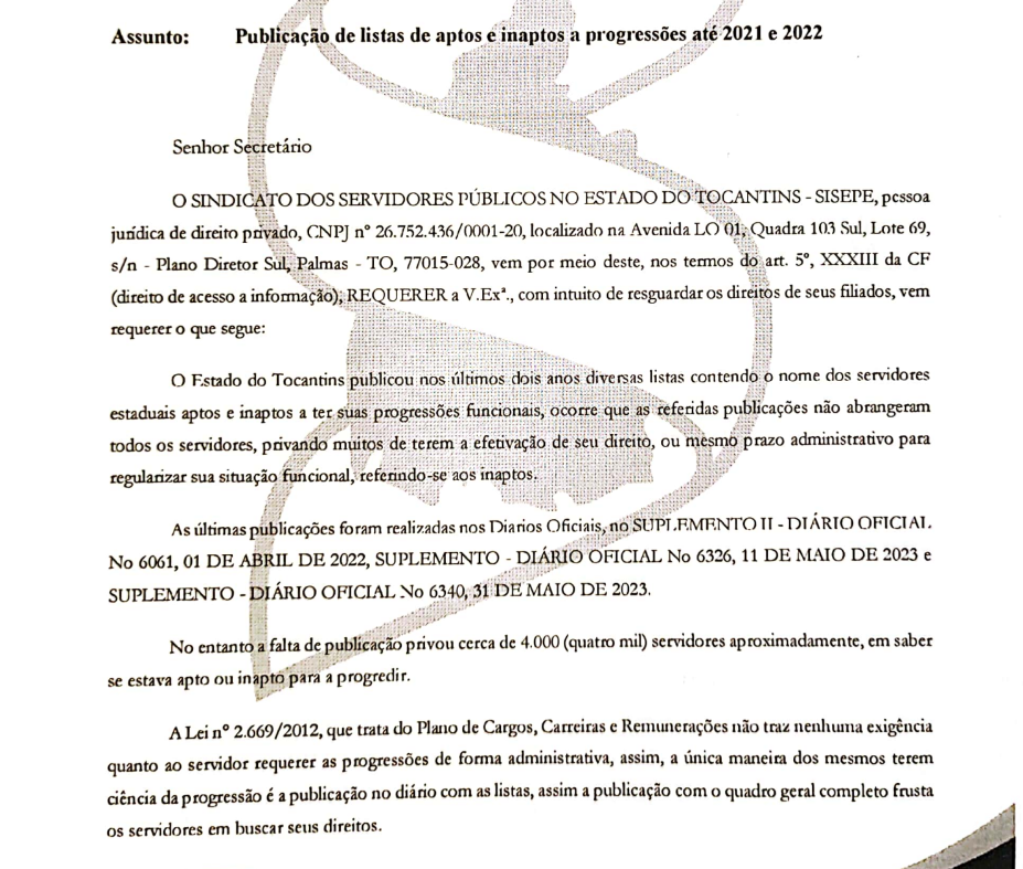 Sisepe solicita informações sobre progressões de cerca de 4 mil servidores ao Governo do Tocantins