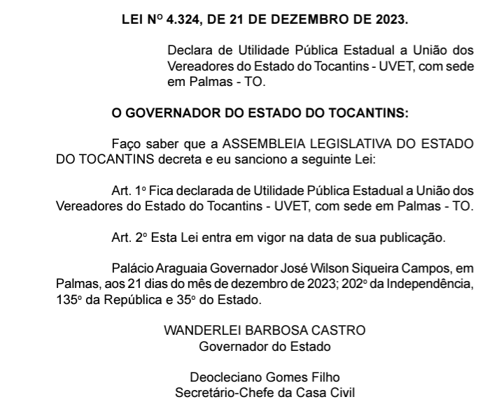 Lei publicada no Diário Oficial do Estado (DOE).
