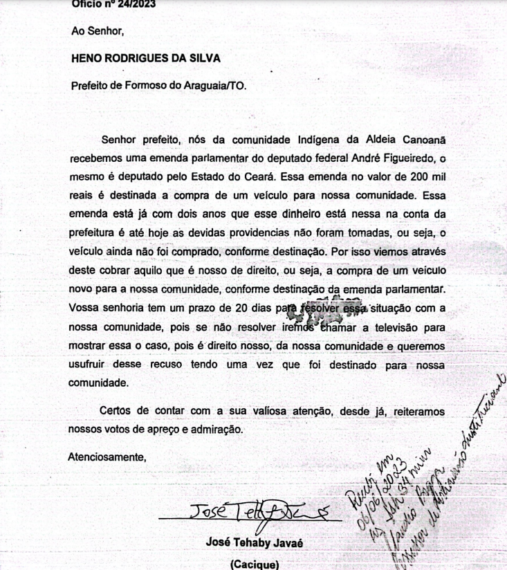 Ofício enviado ao prefeito de Formoso do Araguaia, Heno Rodrigues. 