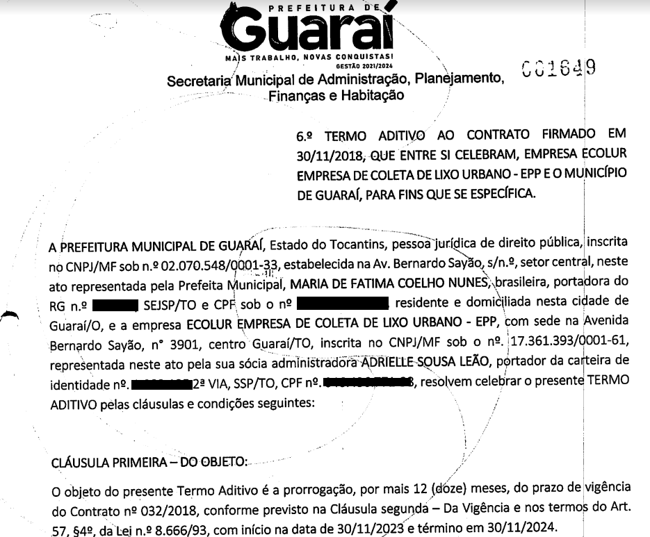 6º Termo Aditivo do contrato para limpeza urbana de Guaraí