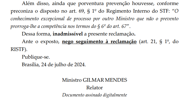 Ministro Gilmar Mendes nega pedido do prefeito de Axixá do Tocantins
