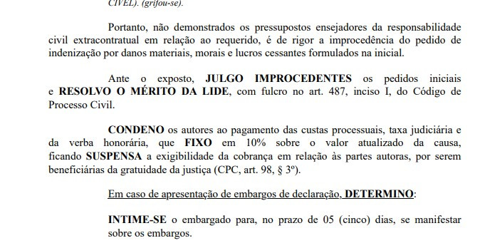 Sentença da Justiça sobre o pedido de indenização 