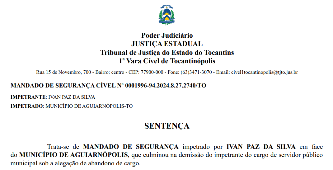 Mandado de Segurança impetrado na Justiça pelo ex-prefeito Ivan Paz