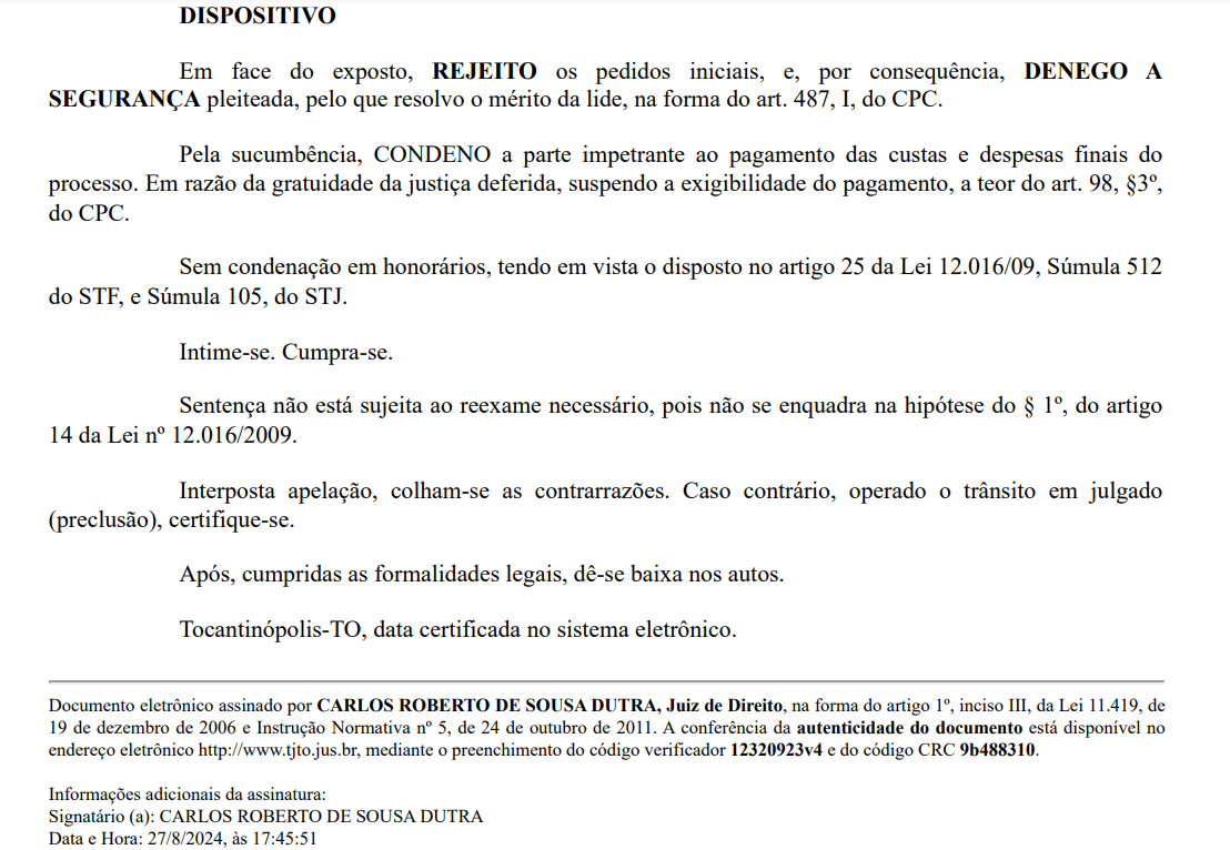 Decisão da Justiça negando o pedido do ex-prefeito Ivan Paz