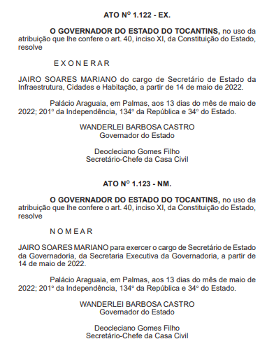 Exoneração e nomeação de Jairo Mariano 