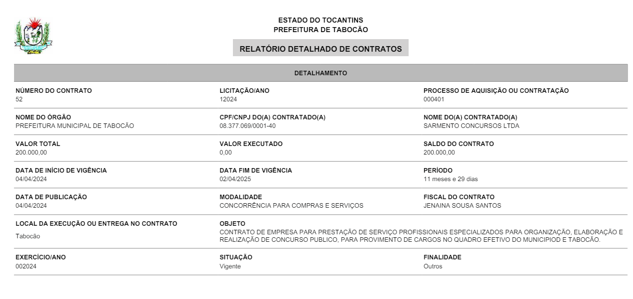 Detalhes do contrato no Portal da Transparência da Prefeitura de Tabocão 